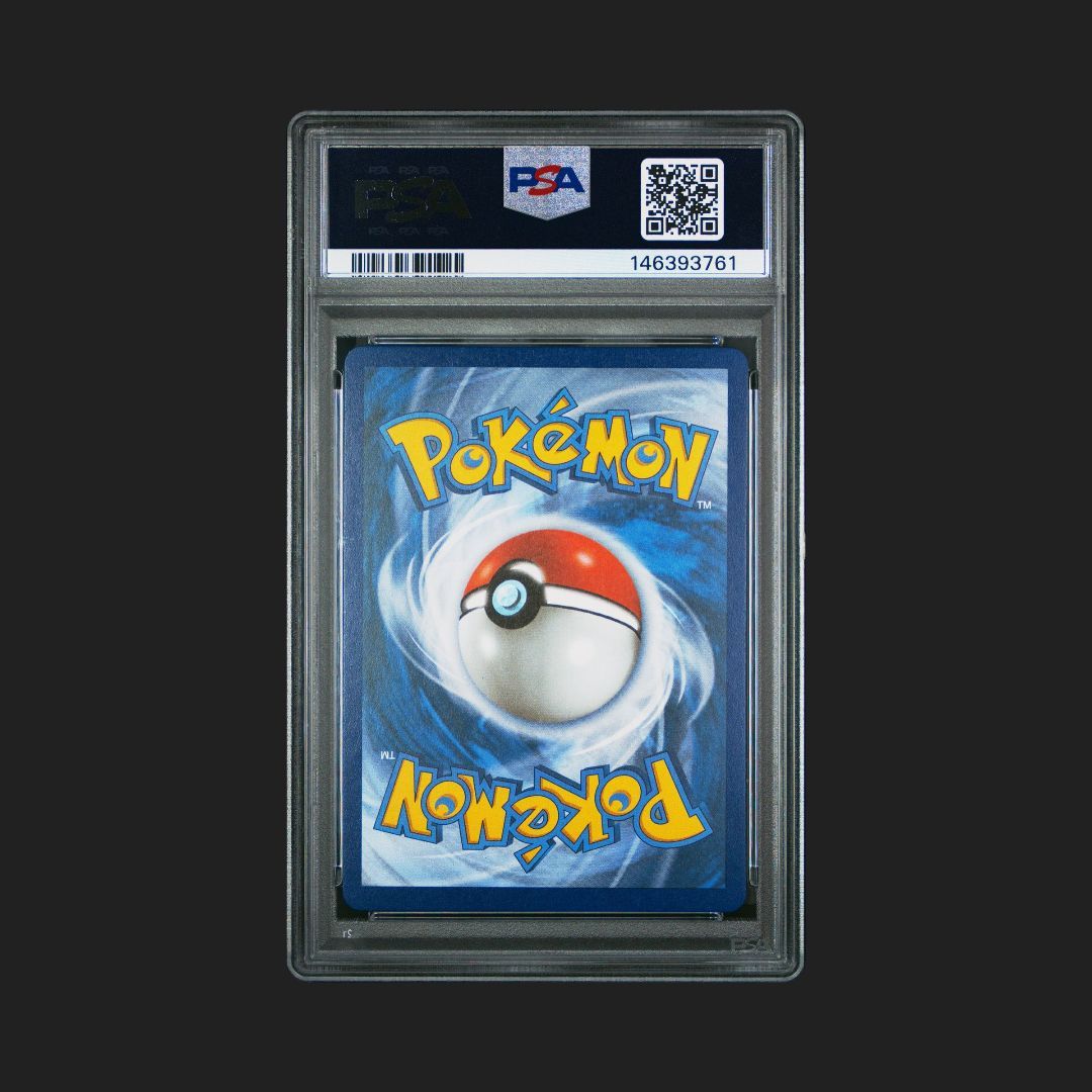 Pokémon trading card in a protective case with a PSA label on a black background