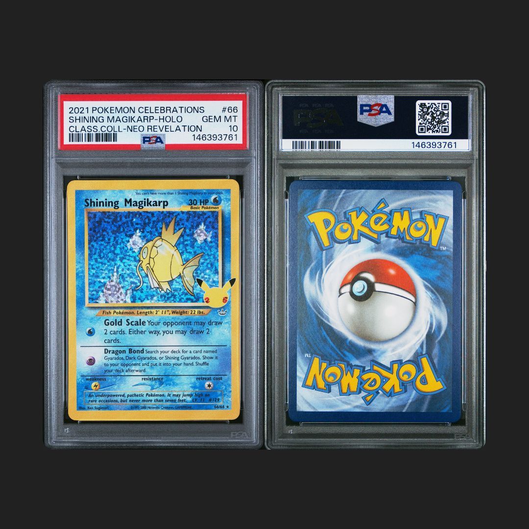 Two Pokémon trading cards in protective cases with PSA certification labels.