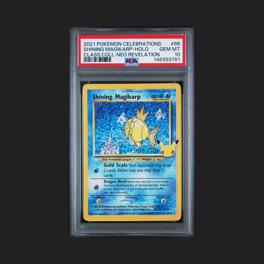 Shining Magikarp trading card in a protective case with a black background