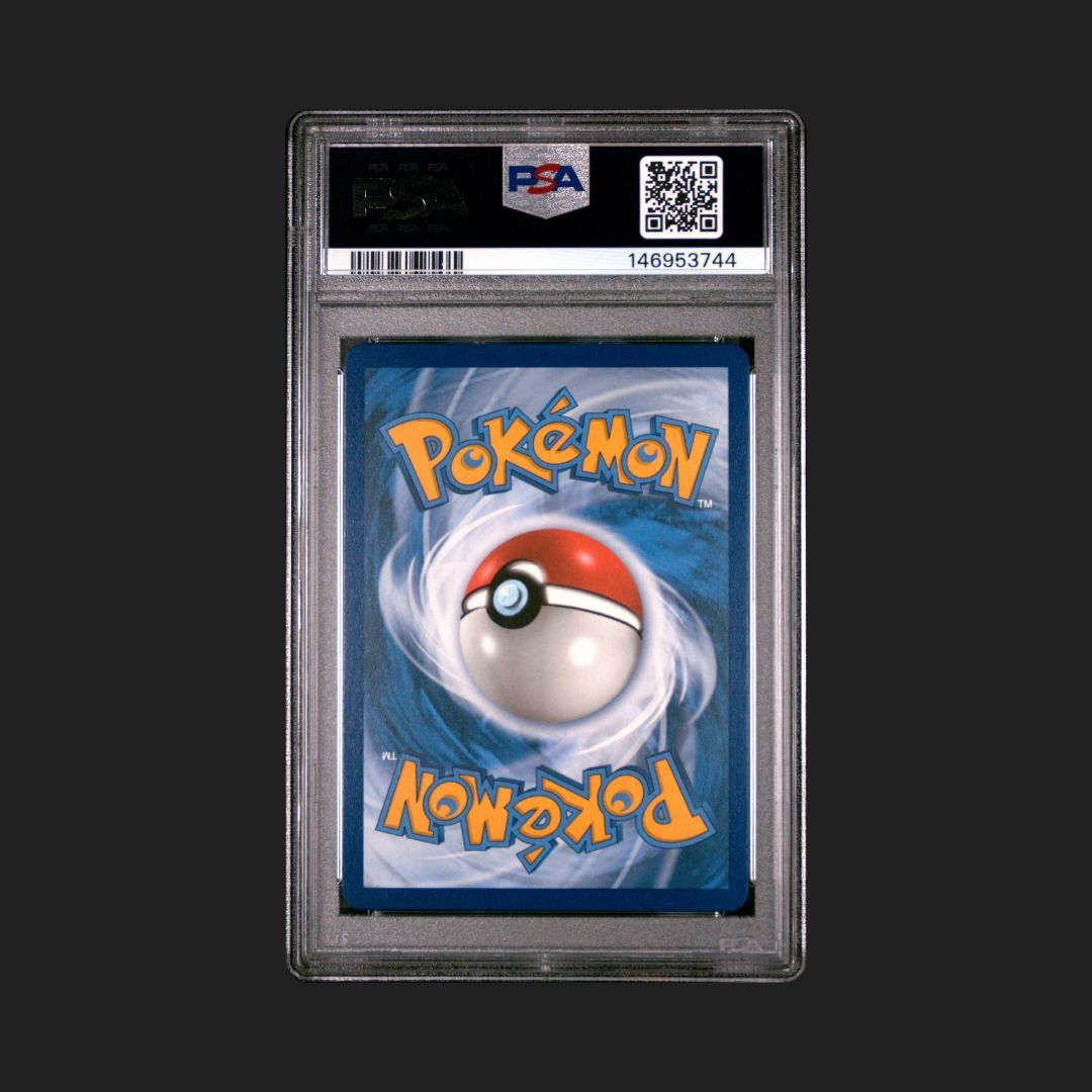 Pokémon trading card in a protective case with a PSA label on a black background