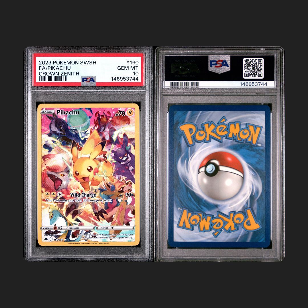 Two Pokémon trading cards in protective cases with visible PSA grading labels.