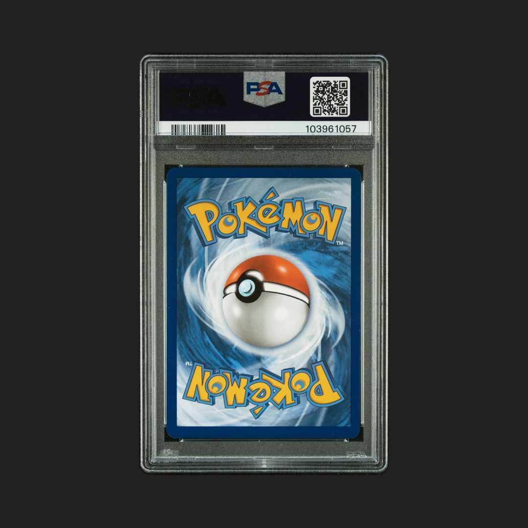 Pokémon trading card in a protective case with a PSA logo on a black background