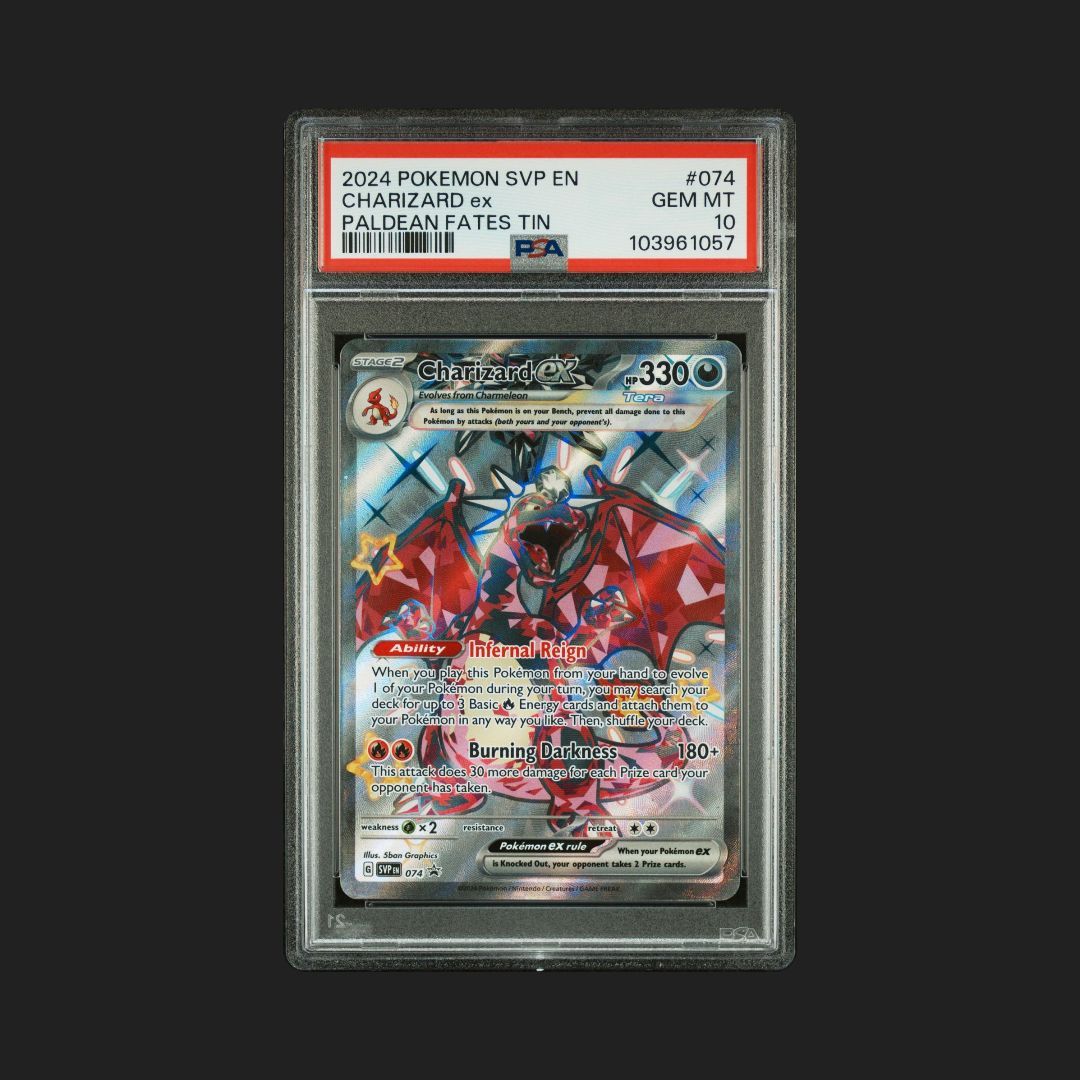 Pokémon trading card featuring Charizard EX in a protective case with a PSA label.