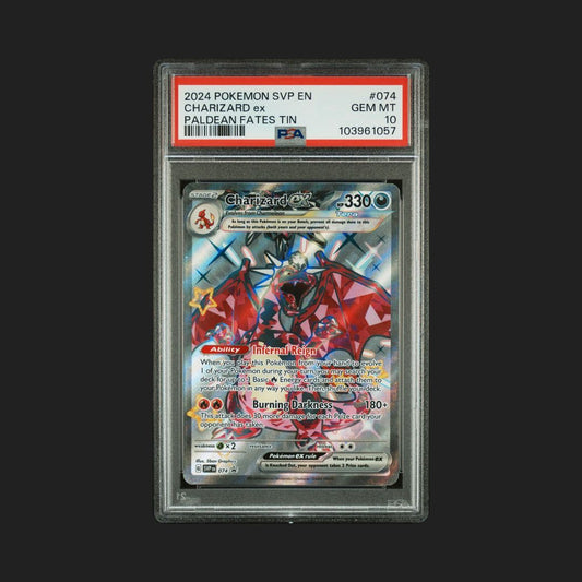 Pokémon trading card featuring Charizard EX in a protective case with a PSA label.