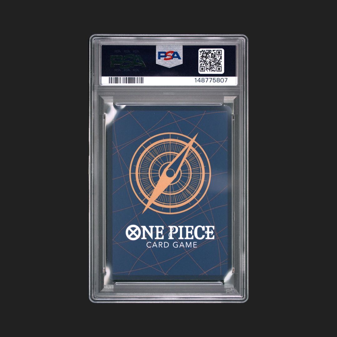 One Piece Card Game card in a PSA protective case on a black background