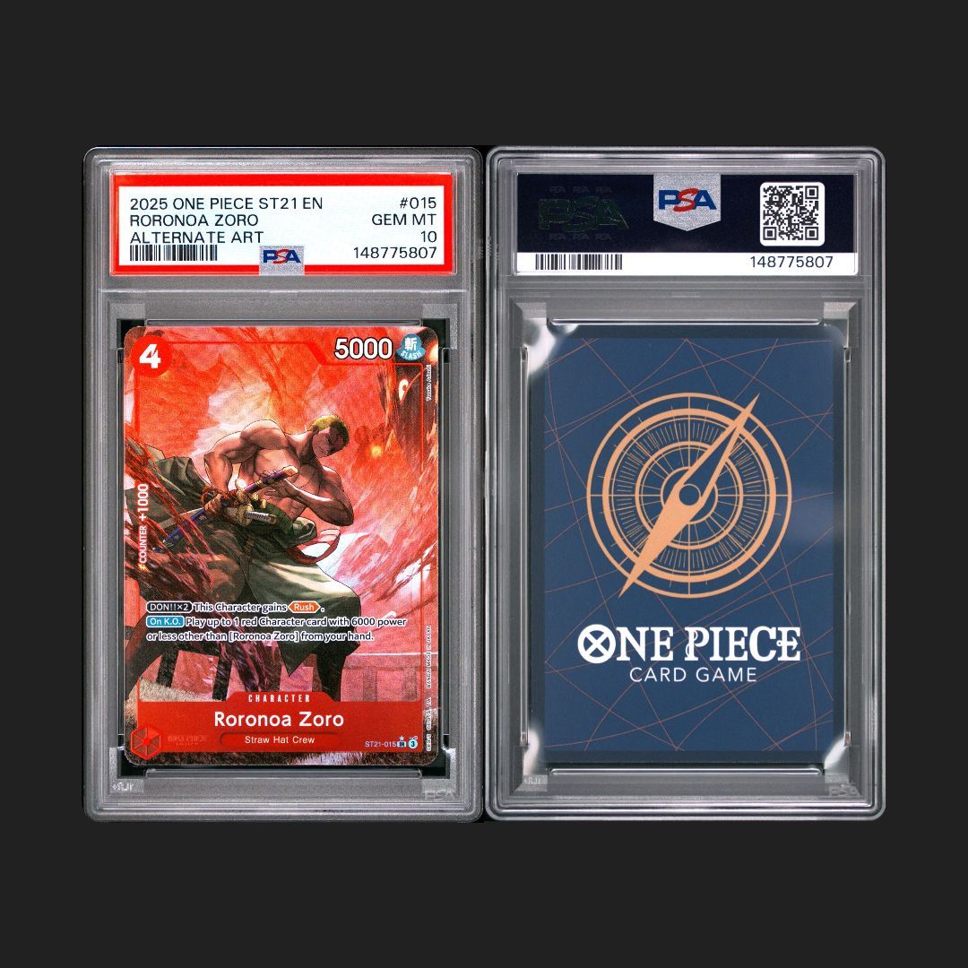 Two 'One Piece' trading card packs with a red card featuring Roronoa Zoro on the left and a blue card with the 'One Piece' logo on the right, against a black background.