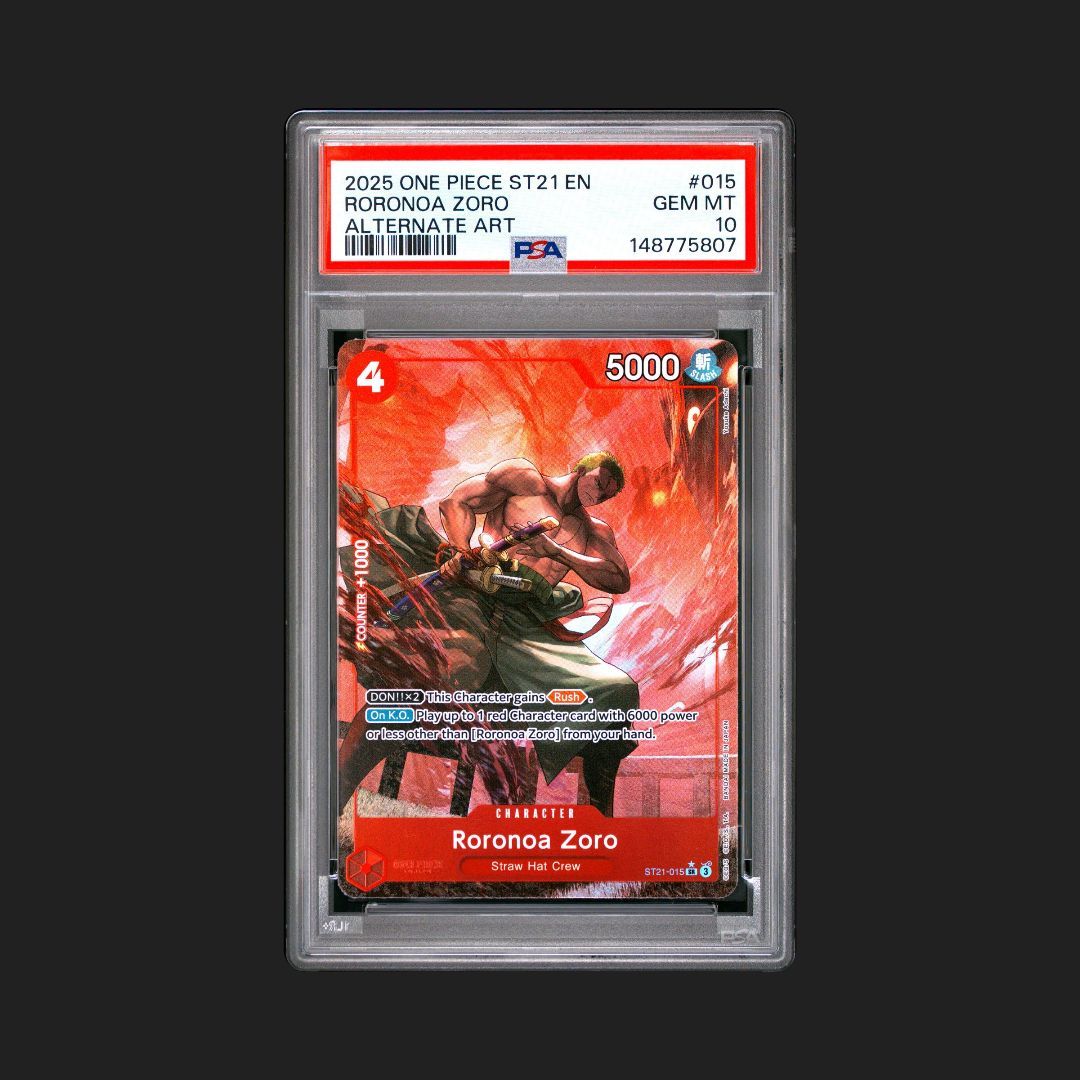 Trading card featuring Roronoa Zoro from One Piece in a protective case with a PSA grading label.