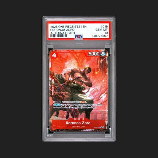 Trading card featuring Roronoa Zoro from One Piece in a protective case with a PSA grading label.