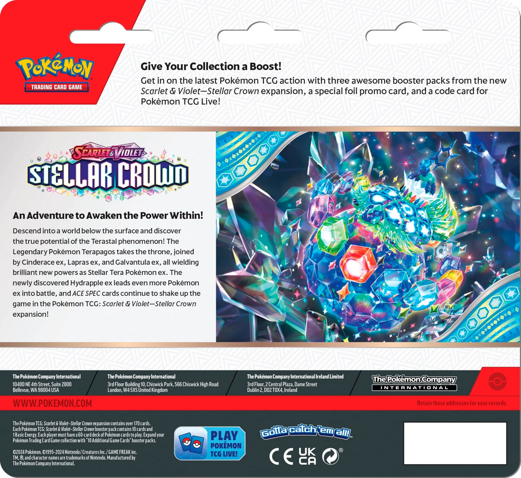 Pokémon Stellar Crown 3 pack blister sellada disponible en El Salvador en UniversoTCG 