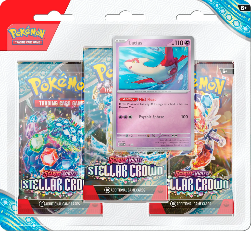 Pokémon Stellar Crown 3 pack blister sellada disponible en El Salvador en UniversoTCG 